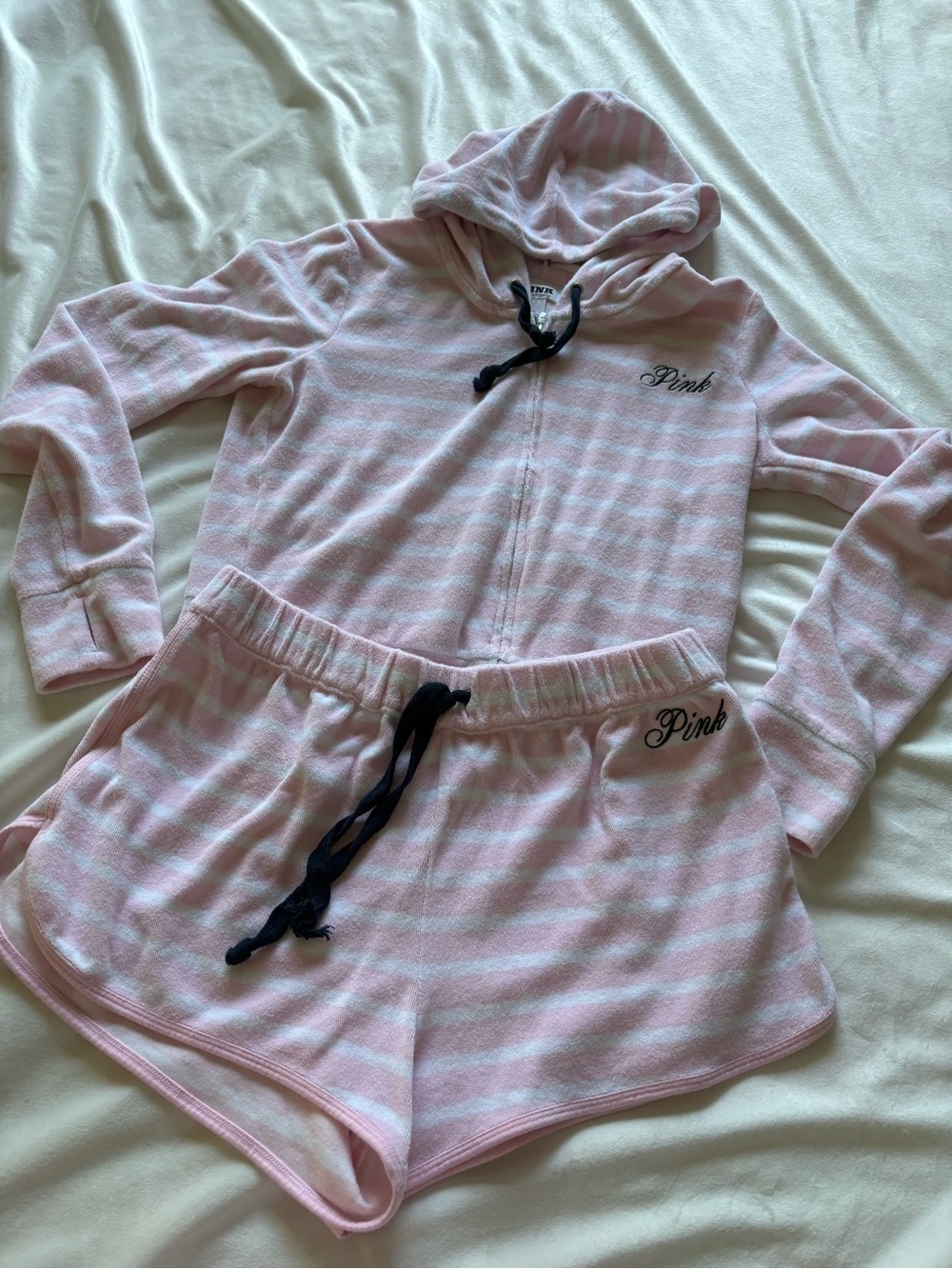 PINK Victoria's Secret Pink & White Striped Hoodie and Shorts Pajama Set